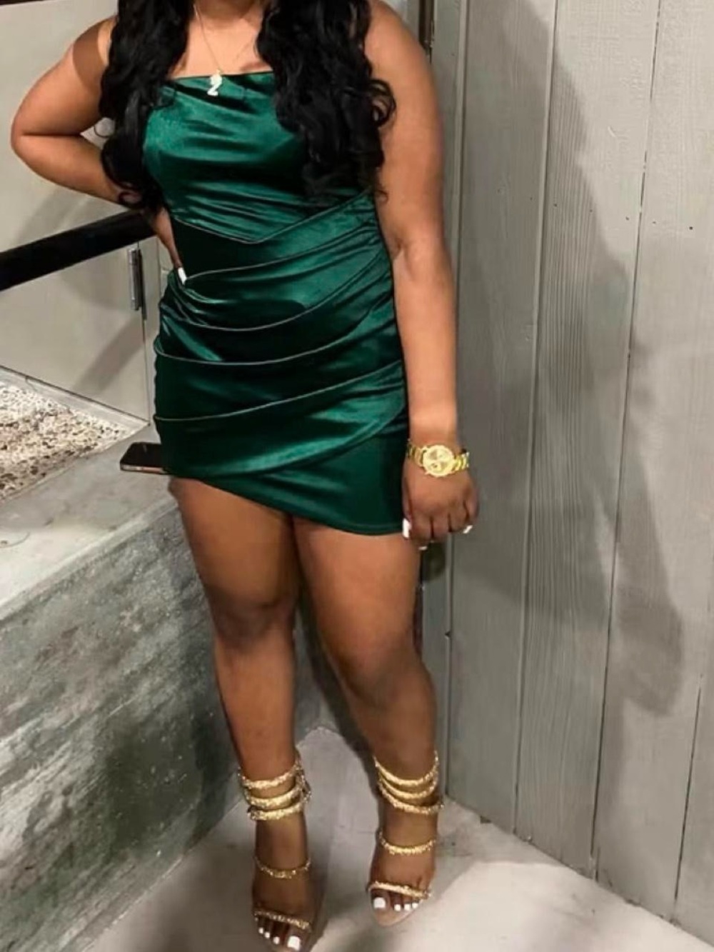 Satin Ruched Emerald Green Mini Dress - Women's Homecoming Dress